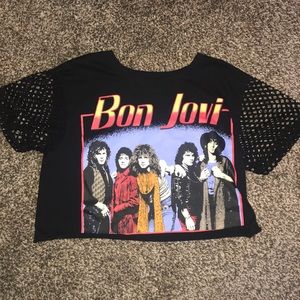 Bon Jovi crop top with fishnet sleeves